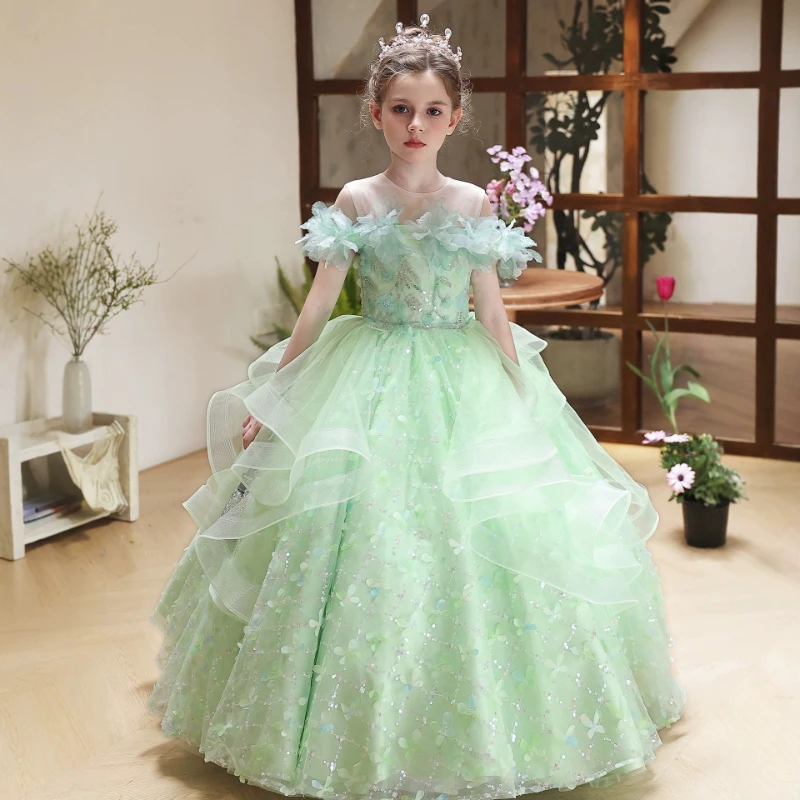 Kids Formal New Green Gown Birthday Party Tulle Piano Performance Costume Off Shoulder Fashion Flower Girl Children Princess