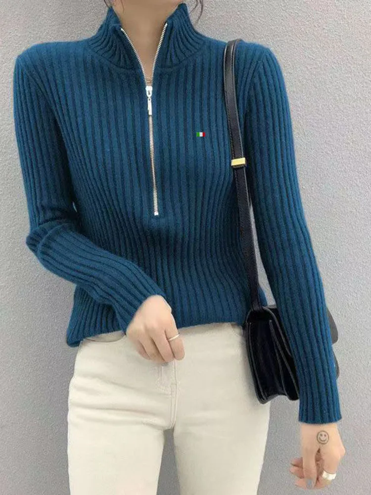 Women Winter Solid Color Long Sleeve High Neck Zipper Pullover Knitted Wool Sweater Thickened Slim Fit Korean Casual Female Coat