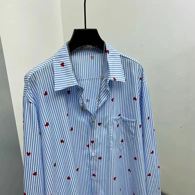 2025 Spring New Original High-end Retro Striped Chic Top Love Heart Print Loose Comfort Handsome Shirts Men's Trendy Niche Shirt