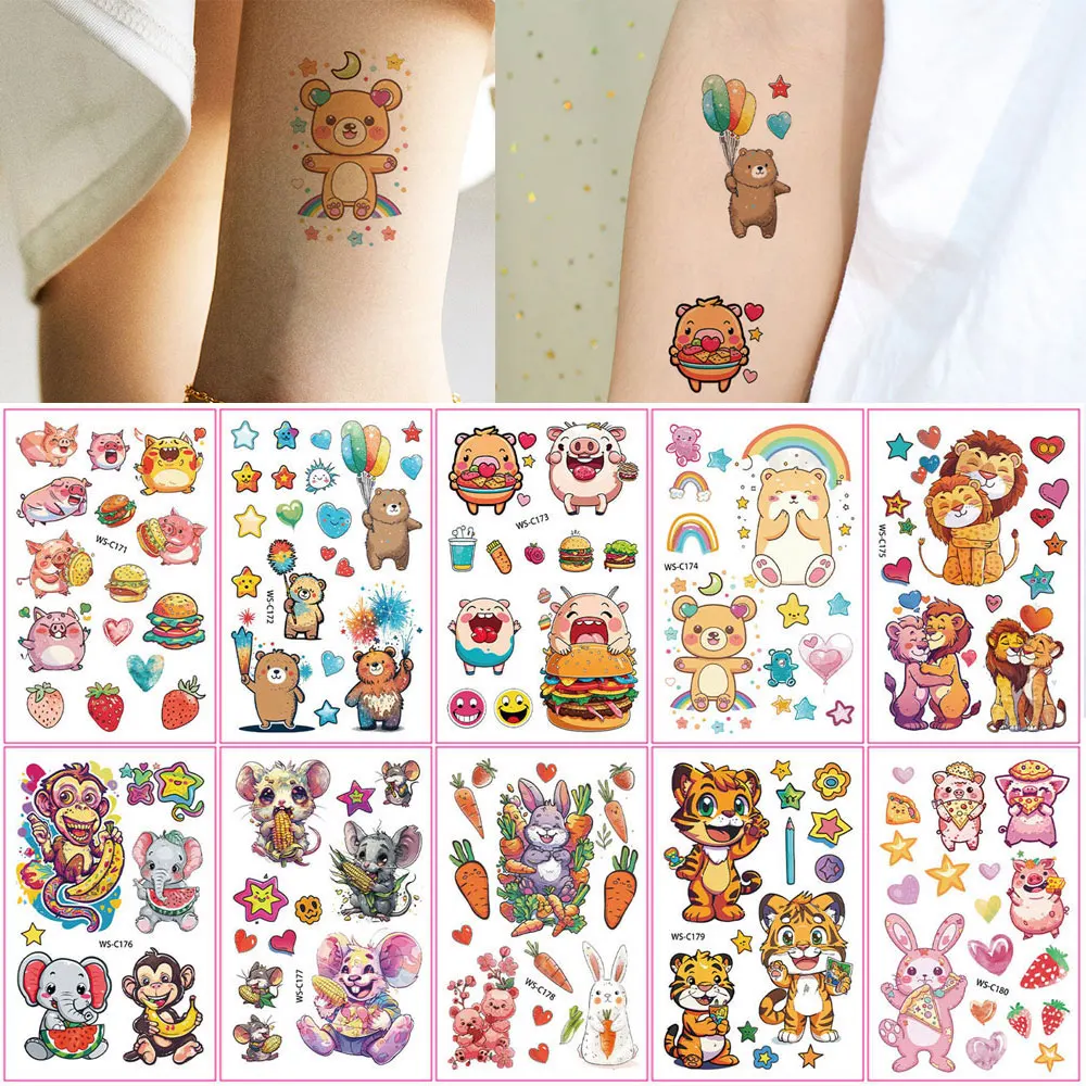 

10pcs Temporary Tattoos Lion Tiger Cat Carrot Rabbit Animal Fake Tattoo Sticker Cute Tattoo Body Decor