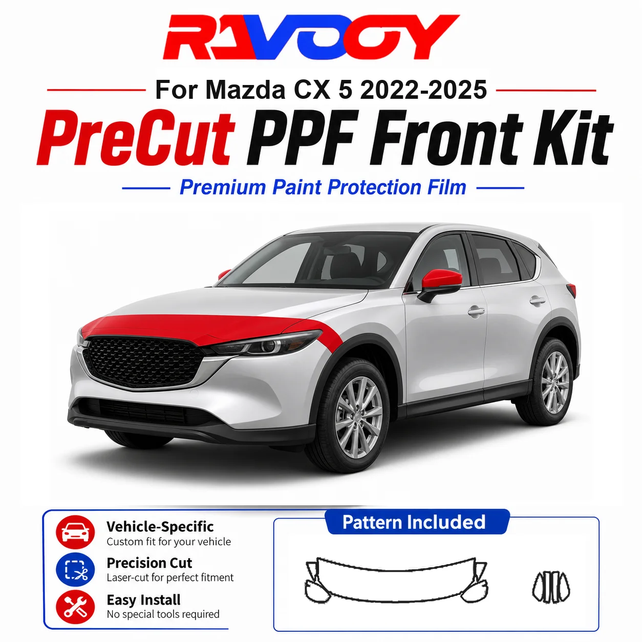 マツダ-cx-5-2022-2025用-85mil-tpuプレカットppfキット-フード、部分フェンダー＆フルミラーセット-自己修復グロスクリアブラフィルム