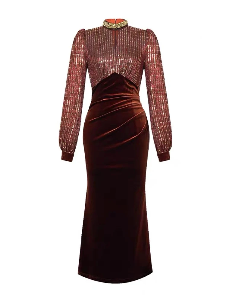 여성 의류 레트로 반짝이는 금색 스팽글 O넥 슬림 피쉬테일 드레스 우아한 여성 패션 파티 프롬 드레스 캐주얼 가을