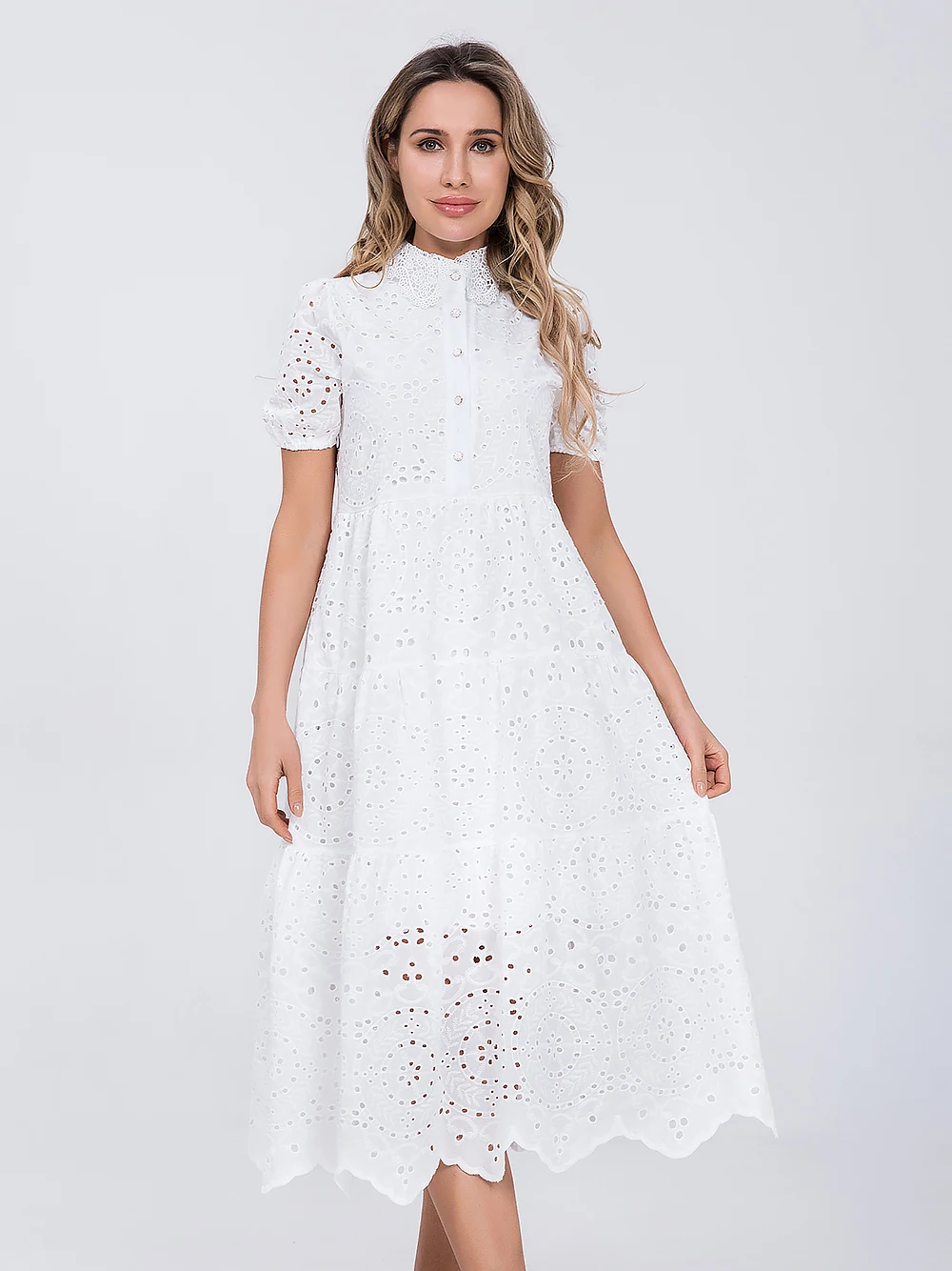 Marwin algodón ahueca hacia fuera el vestido blanco de verano de las mujeres de vacaciones Perppy Casual de cintura alta con volantes Mini vestidos