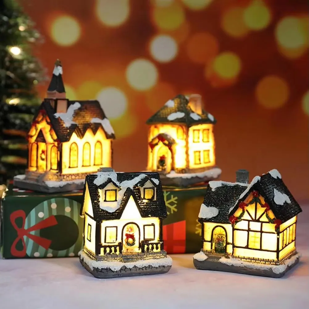 1pc Resin Christmas Houses Lighted Xmas Village Houses Figurines Snow  House Holiday Gift Home Decor Resin House For Christmas