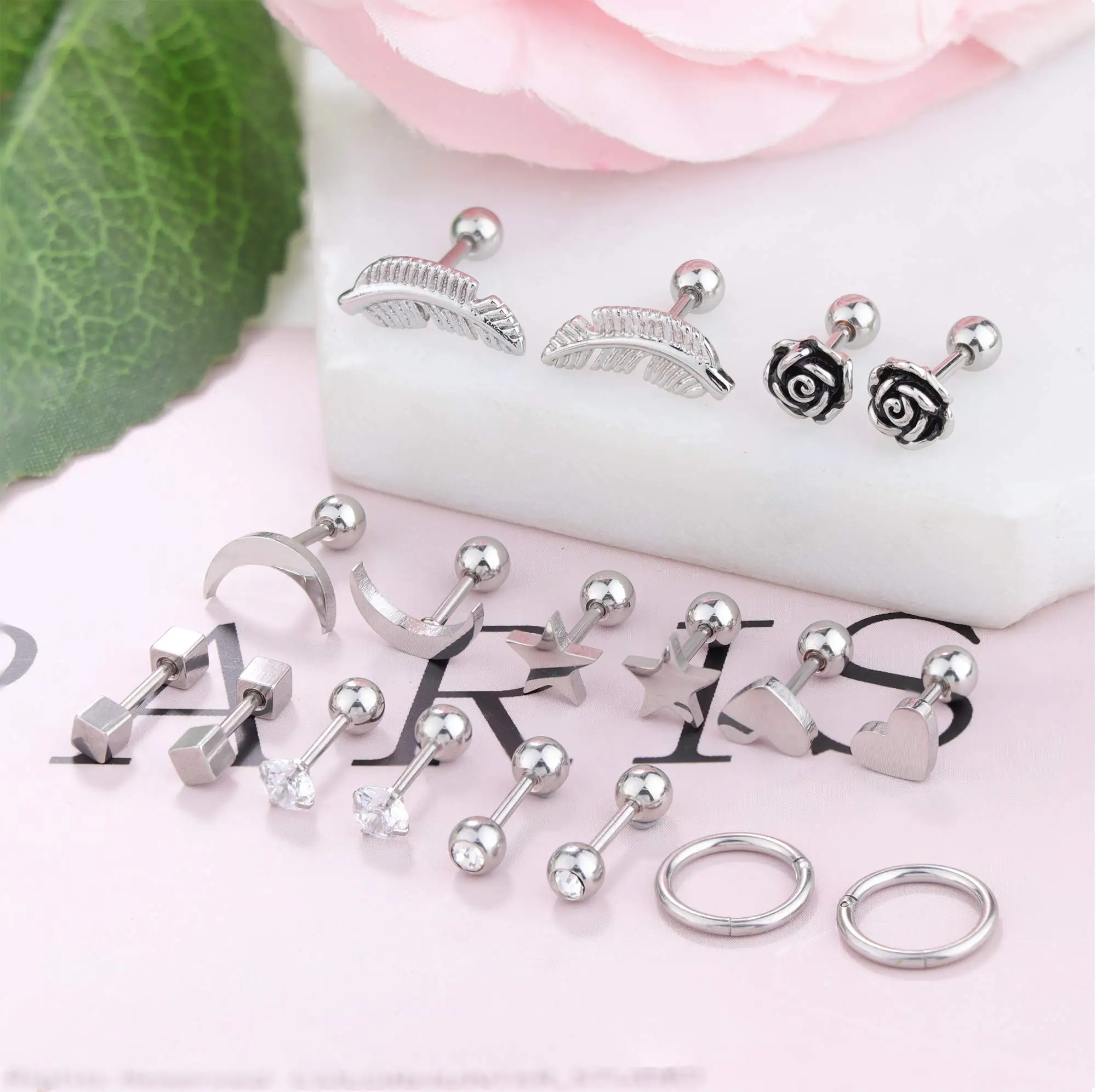 9Pairs 316L Surgical Steel Ear Cartilage Stud Earrings for Men Women CZ Barbell Helix Tragus Stud Piercings Jewelry