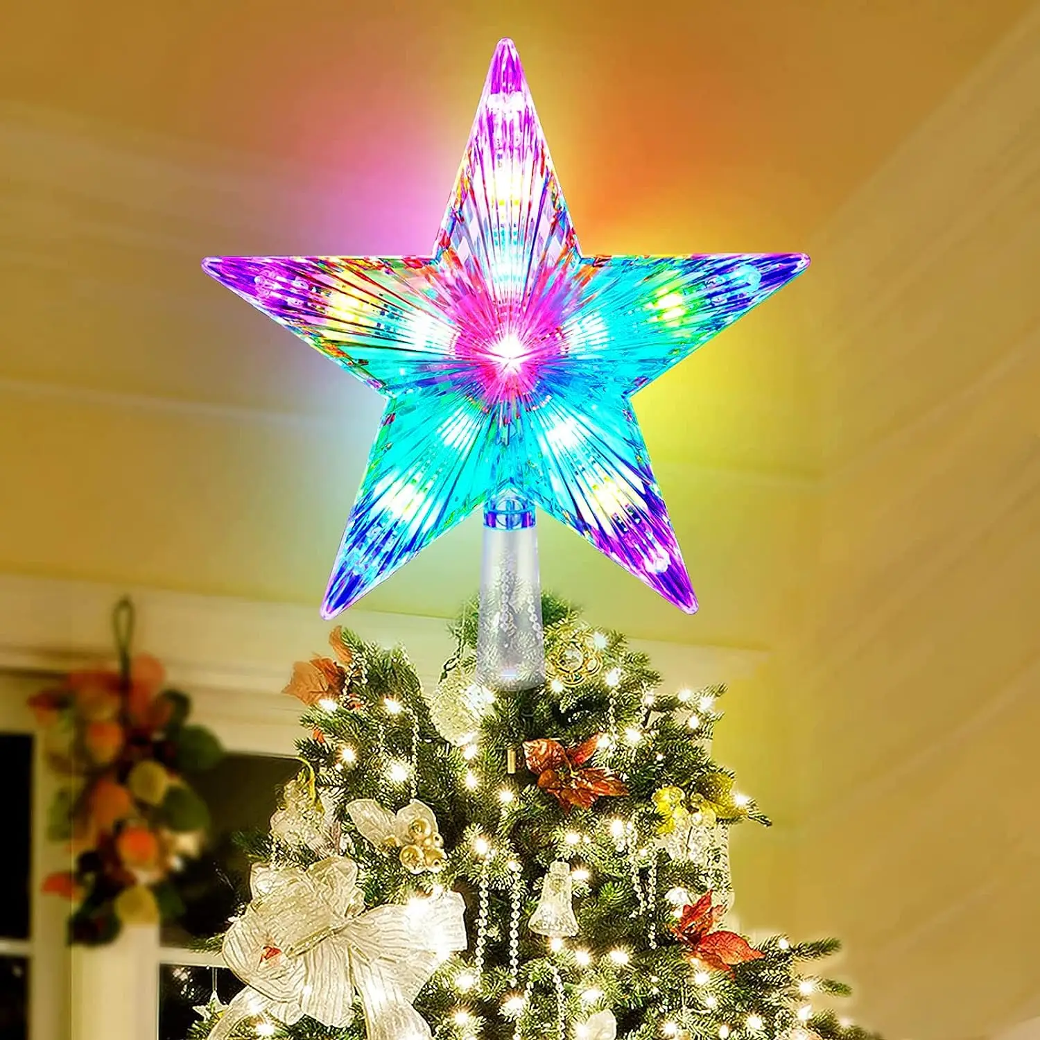 18CM Shining Christmas Tree Top Star Pentagram Lights LED Vertical Grain Glowing Plug-in Fairy Lamp Ornament Navidad Decorations