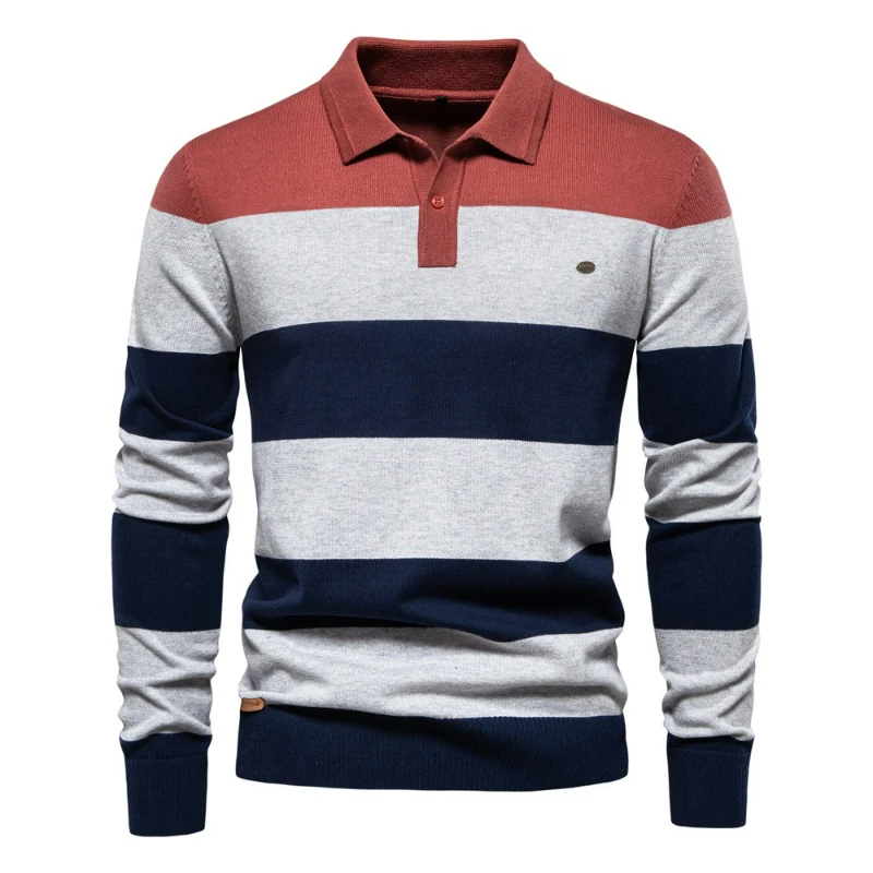 Men Polo Shirts Knit Striped Sweater Long Sleeve Jumpers Streetwear Turn Down Collar Button Sweaters Spliced Pullovers Tops