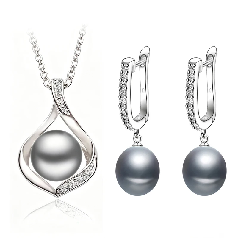 Black Natural Freshwater Pearl Necklace Earrings Set Women,Dangling 925 Sterling Silver Pearl Jewelry Set Mother Wife Gift White view 6