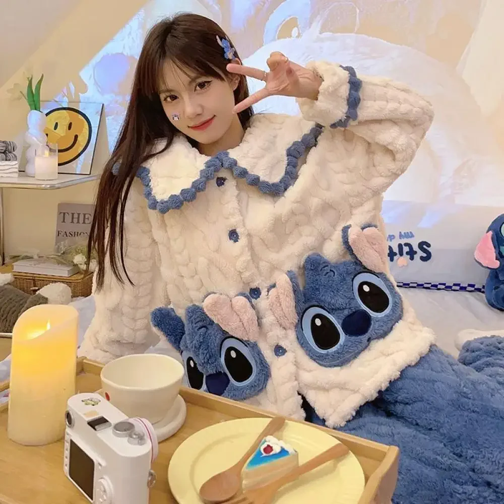 Conjunto de pijamas de terciopelo Coral de punto de Anime para mujer, conjunto de ropa cálida y gruesa para el hogar, Estilo Princesa de Disney, otoño e invierno