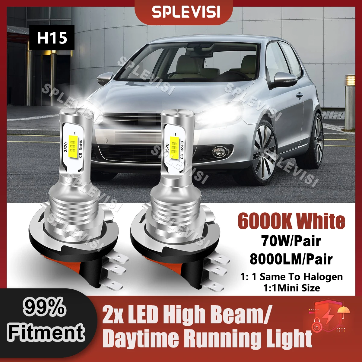 LED H15 High Beam/Daytime Running Light 9V-24V 8000LM For VW Golf Alltrack 2014 2015 2016 2017 2018 2019 2020 Replace Car Lamp