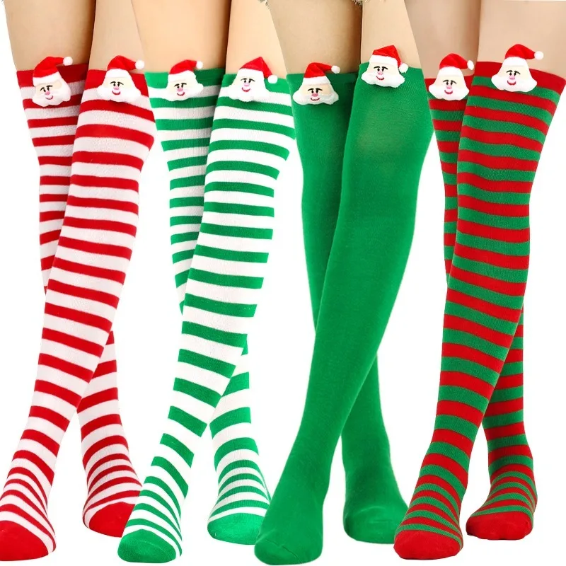 

Fashion Women Stocking Soft Plush Striped Christmas Long Socks for Women Party Costume Female Over Knee Socks