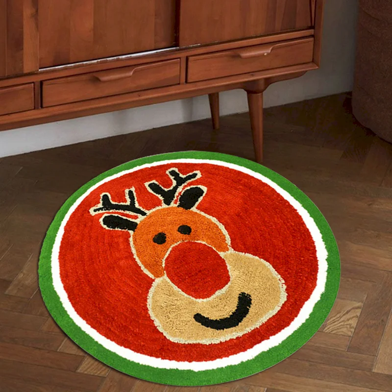 VIKAMA Cartoon Red Nose Reindeer Floor Mat With Irregular Anti Slip And Absorbent Soft Carpet Circular Entrance Home Decoration
