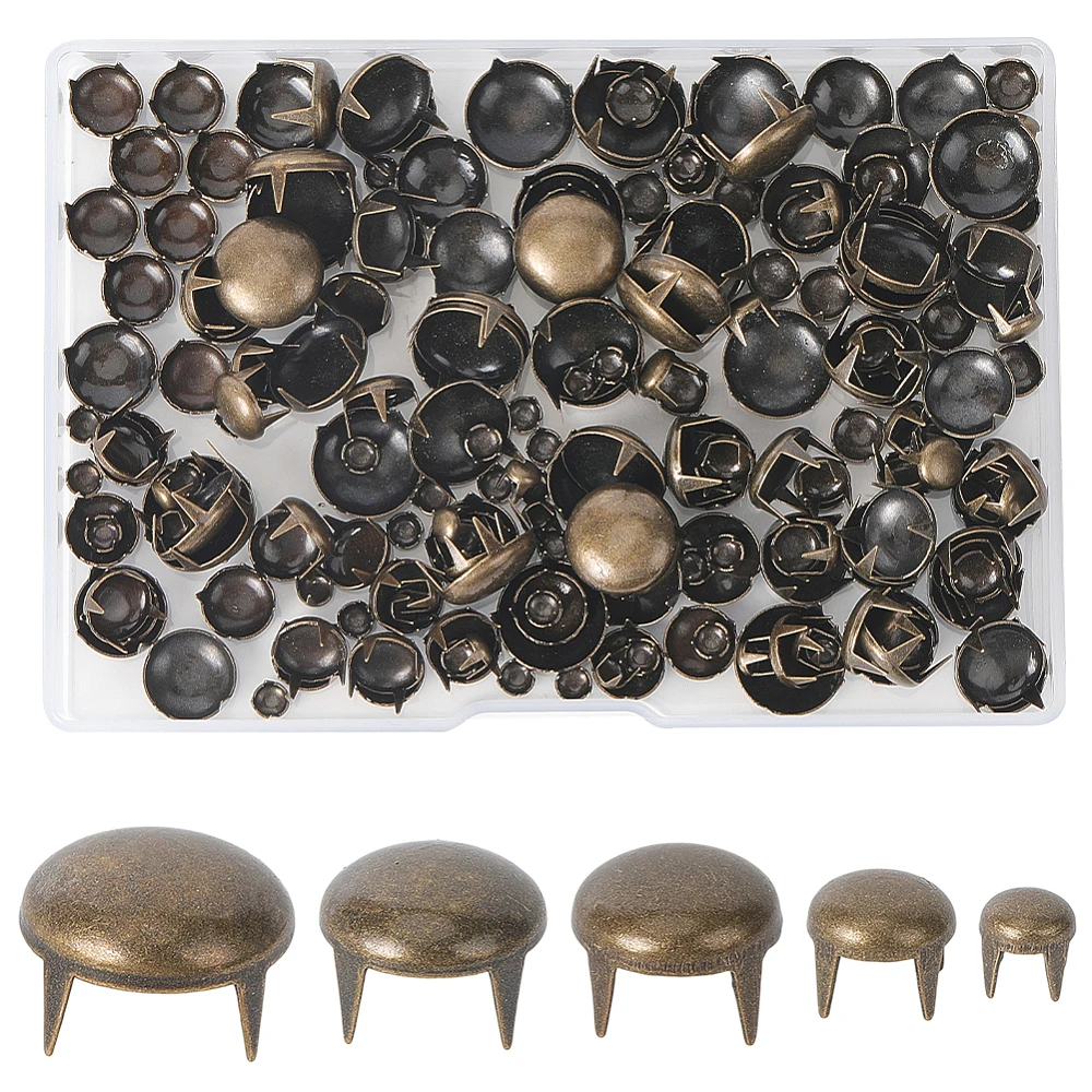 200Pcs 5 Sizes Round Dome Rivets Claw Rivet Nailheads Spots Stud Bronze Metal Punk Mushroom Head 4 Prongs Nail for DIY Leather