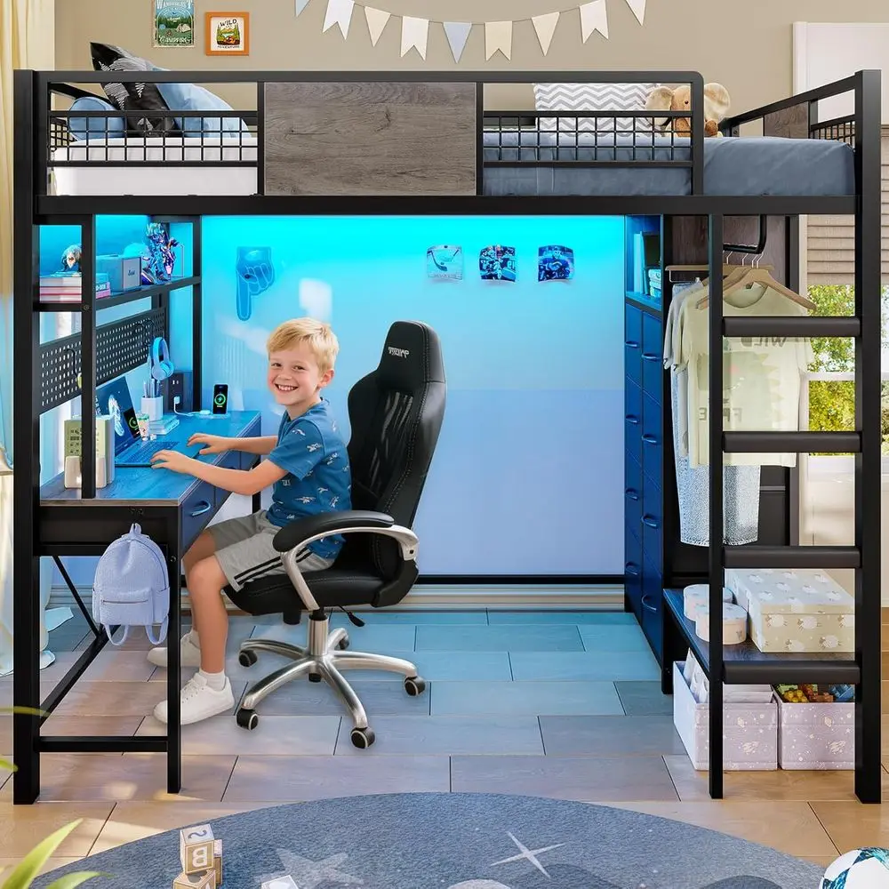 سرير علوي بحجم مزدوج مع مكتب، 11 درج تخزين، علوي معدني للأطفال مع أضواء RGB، محطة شحن، أرفف ورف ملابس، 13