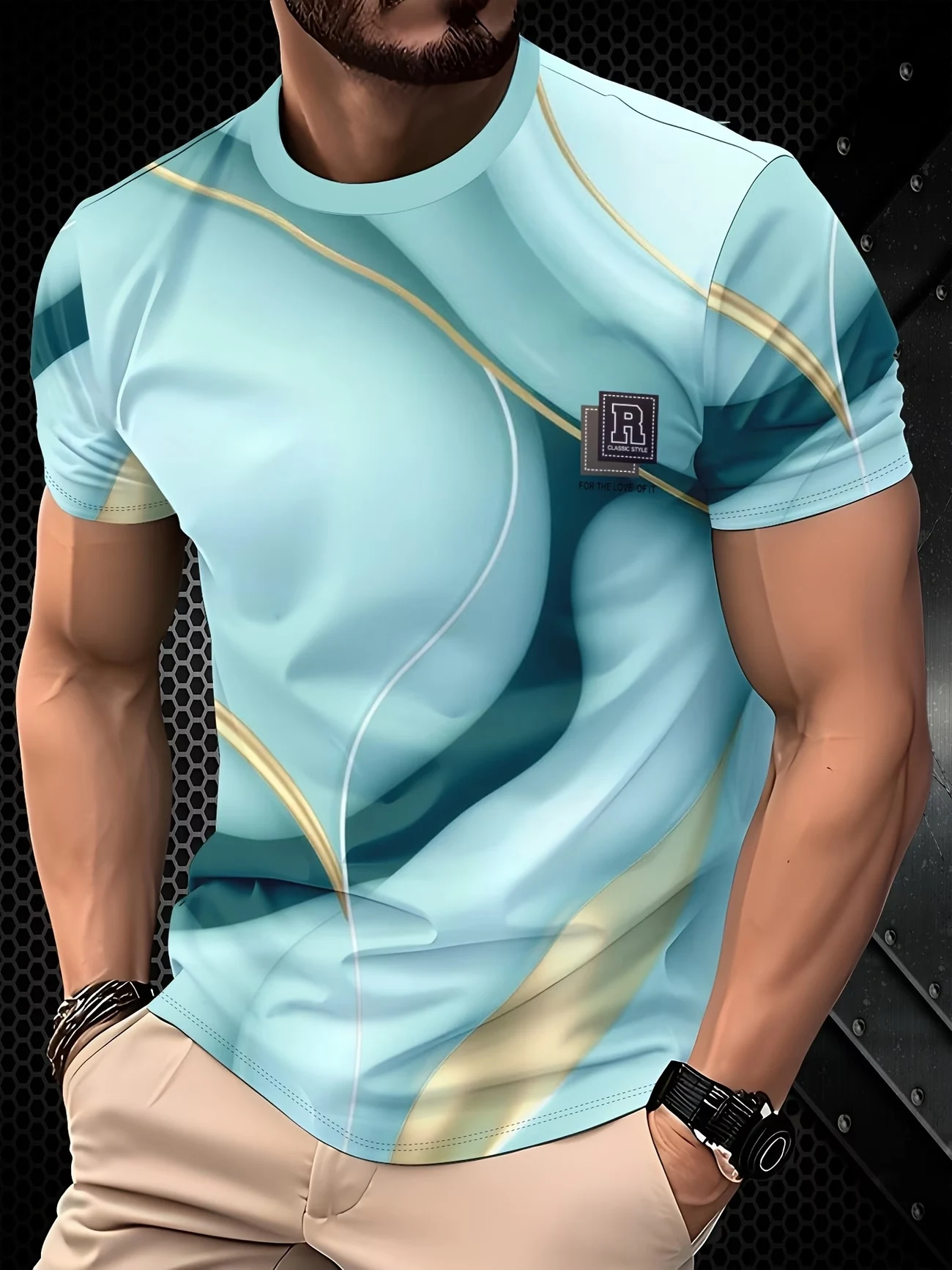 Men's Gradient Wave Print T-Shirt Casual Short Sleeve Crew Neck Lightweight Teal & Gold Graphic Tee Summer Fashion Top