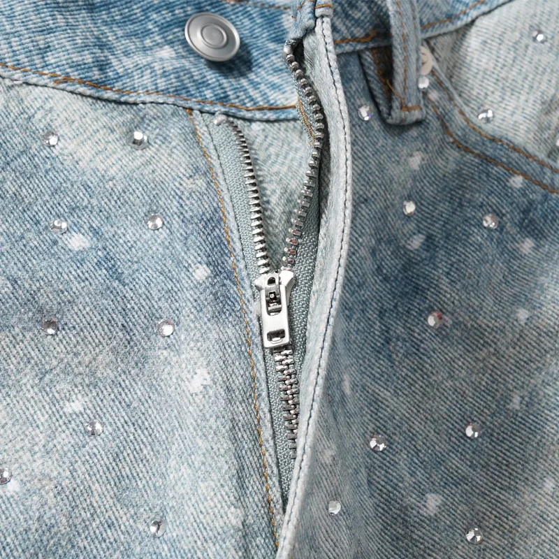 Benuynffy Streetwear Rhinestone Half Denim Pants Women's Summer 2025 New Vintage Mid Waisted Loose Straight Wide Leg Jeans