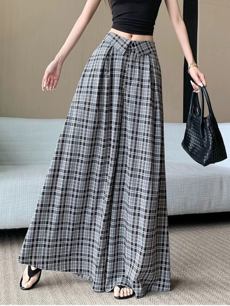 2025 Women's Vintage Plaid Wide Leg Pants - High Waist Pleated Palazzo Trousers, Fashion Streetwear for Spring Autumn