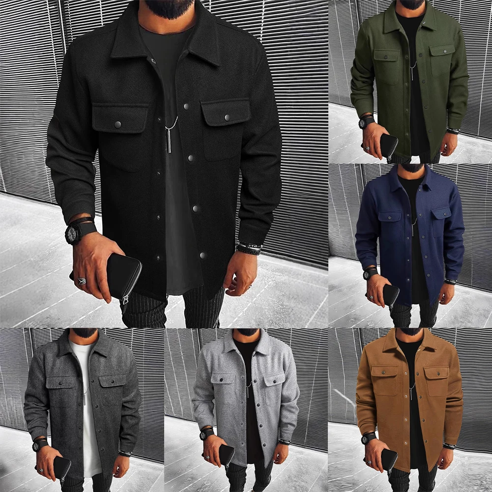 2025 New Men Lapel Woolen Jackets Button Up Flap Pockets Workwear Casual Outerwear Coat