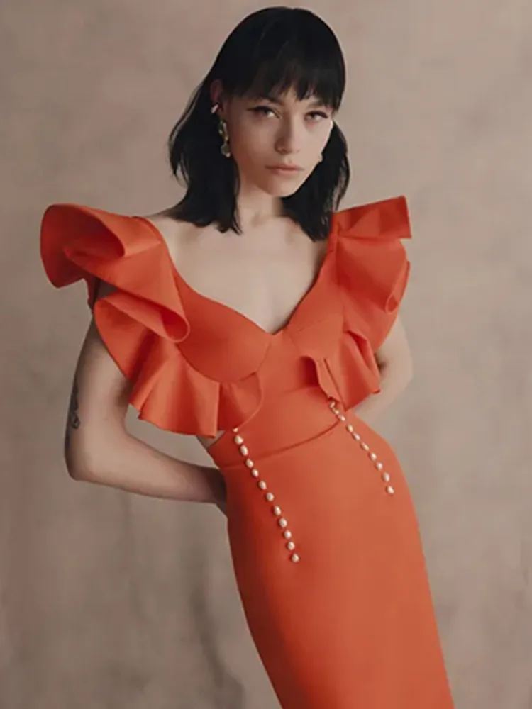 Robe de Soirée Sexy à Volants Orange pour Femme, Tenue Élégante à Bandes, Col en V, Découpé, pour Boîte de Nuit, 2024