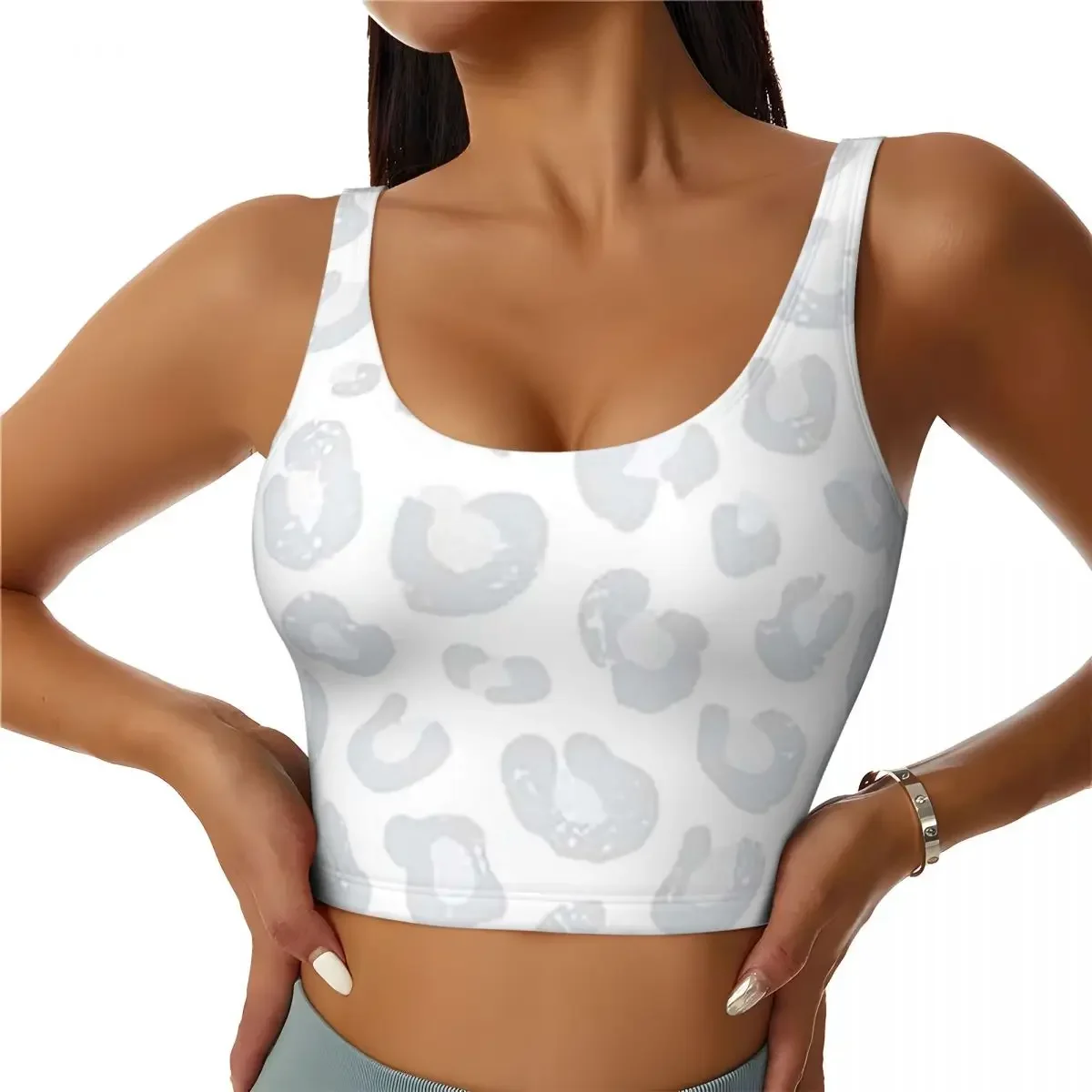Custom Leopard Print - Silver Gray And White Women Sports Bra High Impact Vest Gym Workout Yoga Crop Tank Top