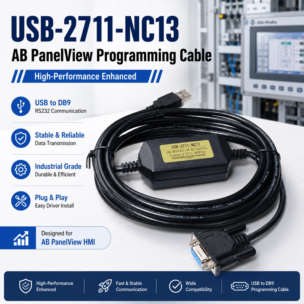 USB-2711-NC13 PLC Programming Cable, USB to RS232 DB9 Data Lead for AB PanelView HMI with 3 LED Indicators