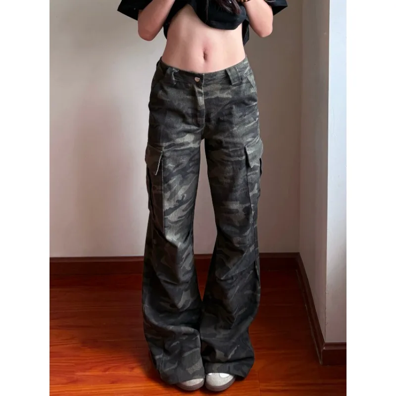

Loose Fit Womens Casual Jeans High Waist Wide Leg Denim Trousers American Camouflage Overalls Autumn Winter Trendy Comfort Wear