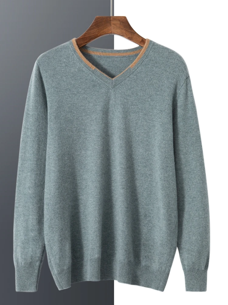 High Quality New Men Sweaters 100% Cashmere Spring Autumn Fashion V-Neck Long Sleeve T-shirt Large Size Knitwear Men Pullover