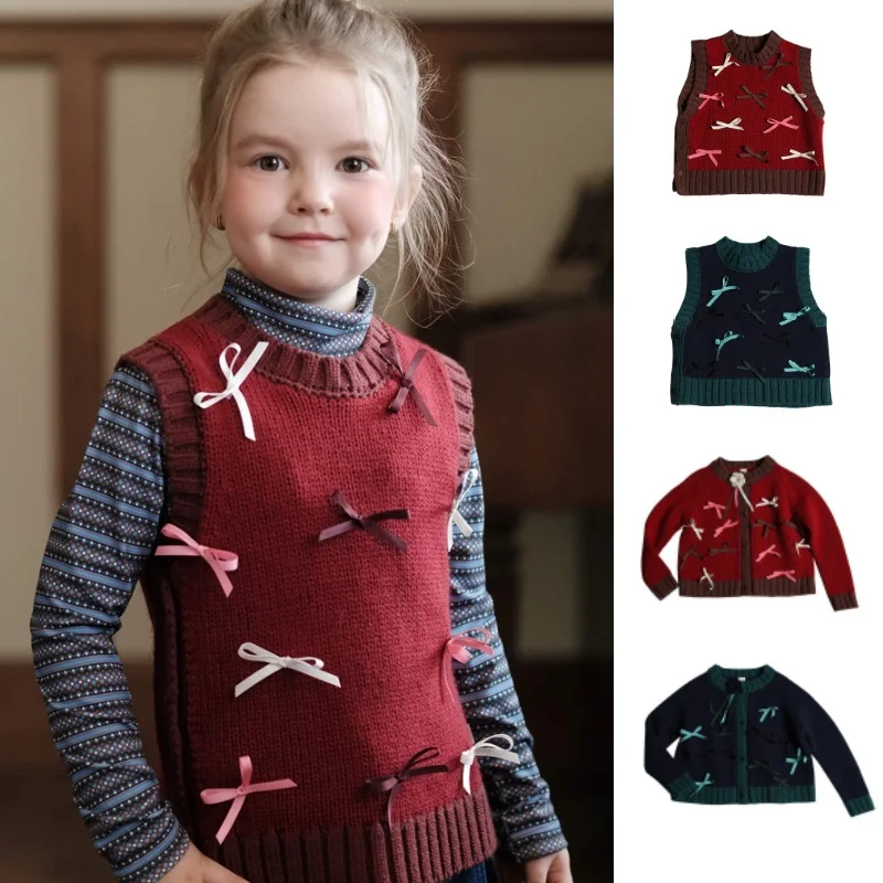 

Girl's Vest 2025 Autumn And Winter New Red Bow Fashionable Warm Children's Vest Pure Cotton Cute Sweet Girl Knitted Cardigan