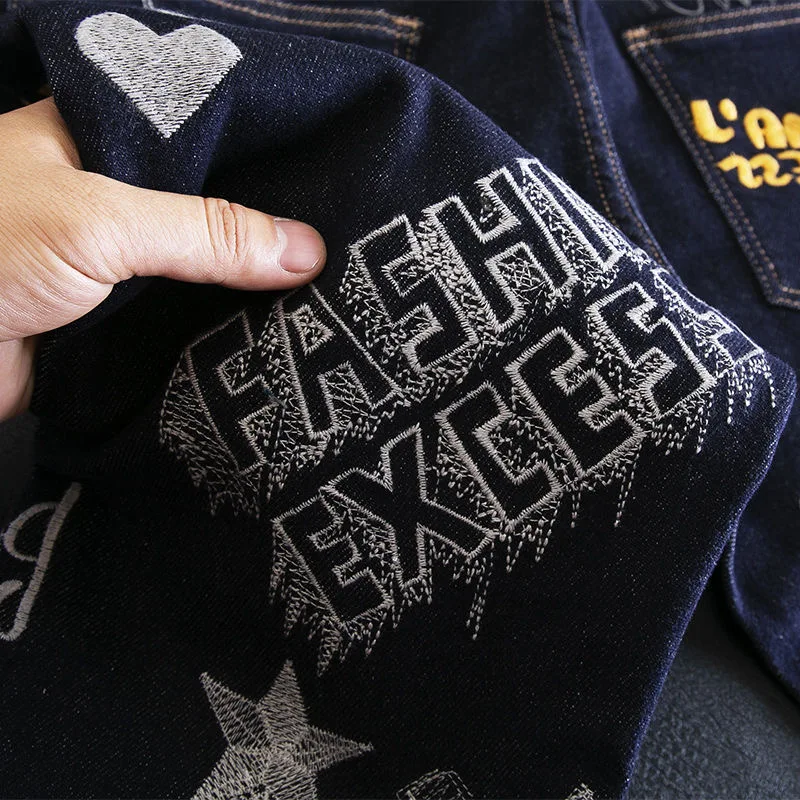 2023 Spring and Autumn New Fashion Printed Embroidery Elastic Small Foot Pants Men Casual Slim Comfortable High Quality Jeans