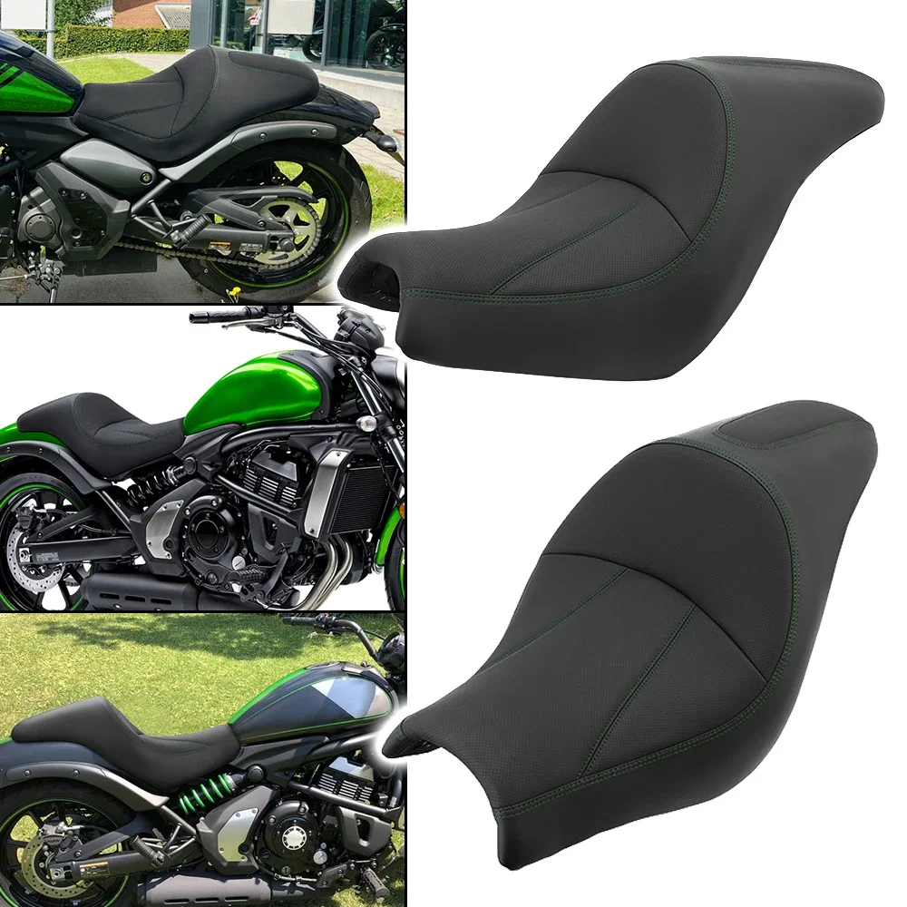 

PU Leather Two-Up Seat Cushions With Green Stitch Saddle Motorcycle Accessories For Kawasaki Vulcan S 650 VN650 EN650 2015-2023