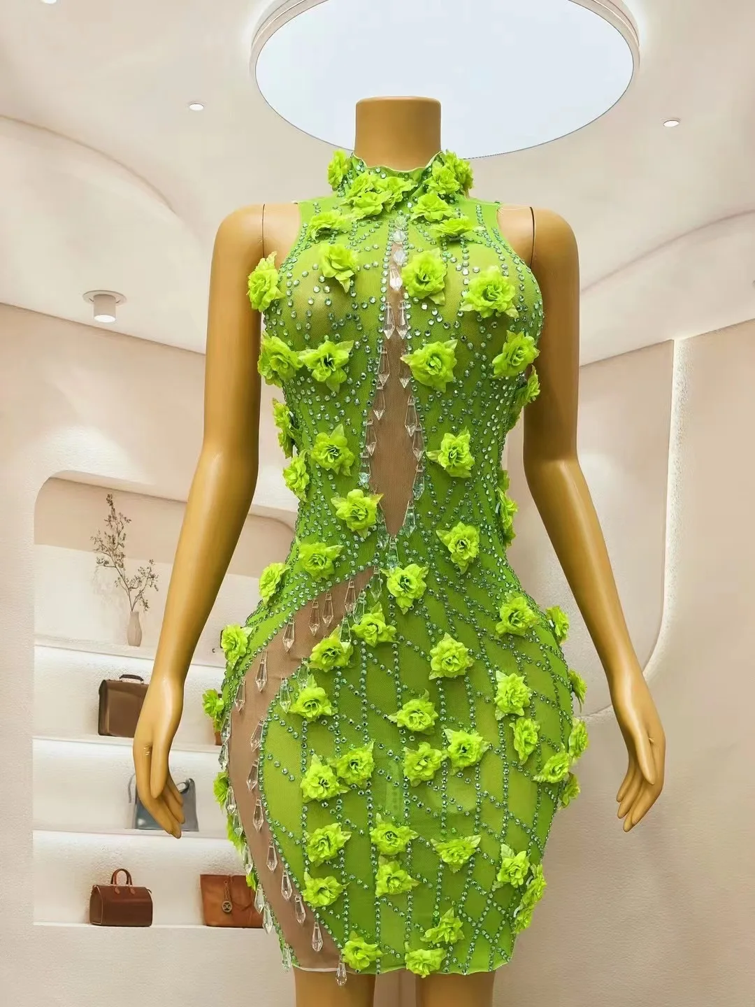 New Design Silver Green Flower Rhinestones Transparent Dress Birthday Celebrate Costume Dance Performance Photoshoot Outfit