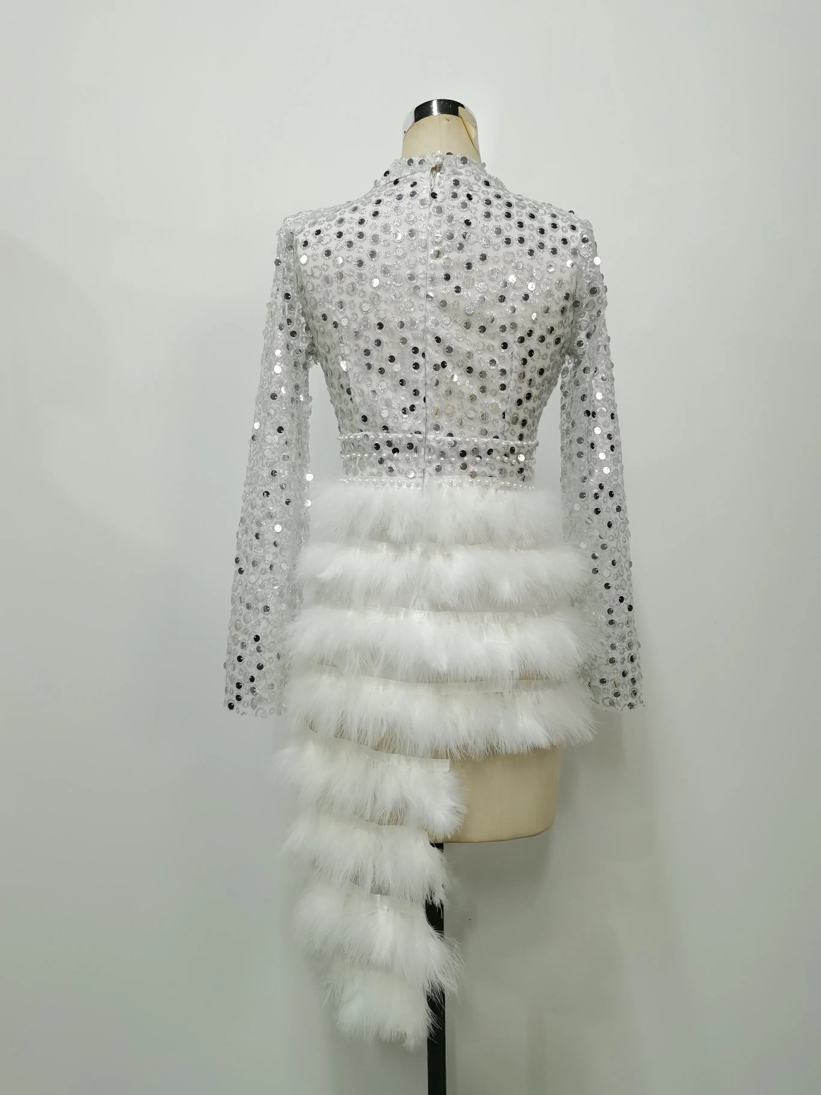 Robe de Soirée Sexy à Paillettes et Plumes Asymétriques pour Femme, Col Montant, Manches sulf, Tenue de Club, Été, 2021