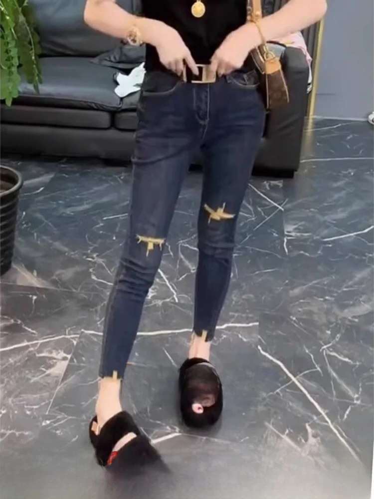 

High Waist Nine-Tenths Women's Jeans Slim Fit Pencil Pants Autumn Season plus Size Tag Removed Faionable Blue Color