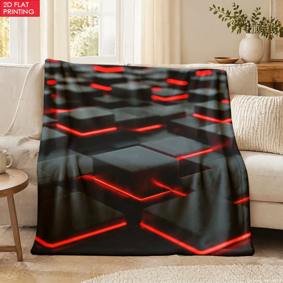1pc Abstract Black Cubes Red Illumination Lightweight Flannel Hug Blanket - Cozy And Ultra Soft Great for Sofa And Camping Great