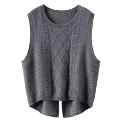 100% Merino Wool Vest Women's O-Neck Tank Tops Autumn and Winter New Twisted Knitted Cuff Shoulder Korean Fashion Warm Waistcoat