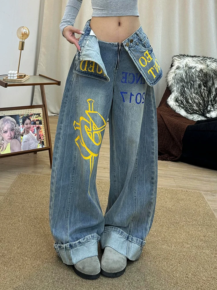

American Style Hot Girl Double Waist Patch Denim Jeans Women's Retro Fake Two-Piece Overlap Slim Wide Leg Floor-Length Pants ...