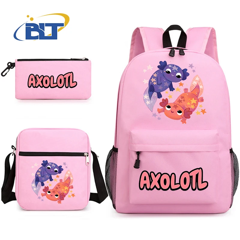 Cute Axolotl printed girls school bag set student backpack shoulder bag pencil case 3-piece set kids back-to-school gift