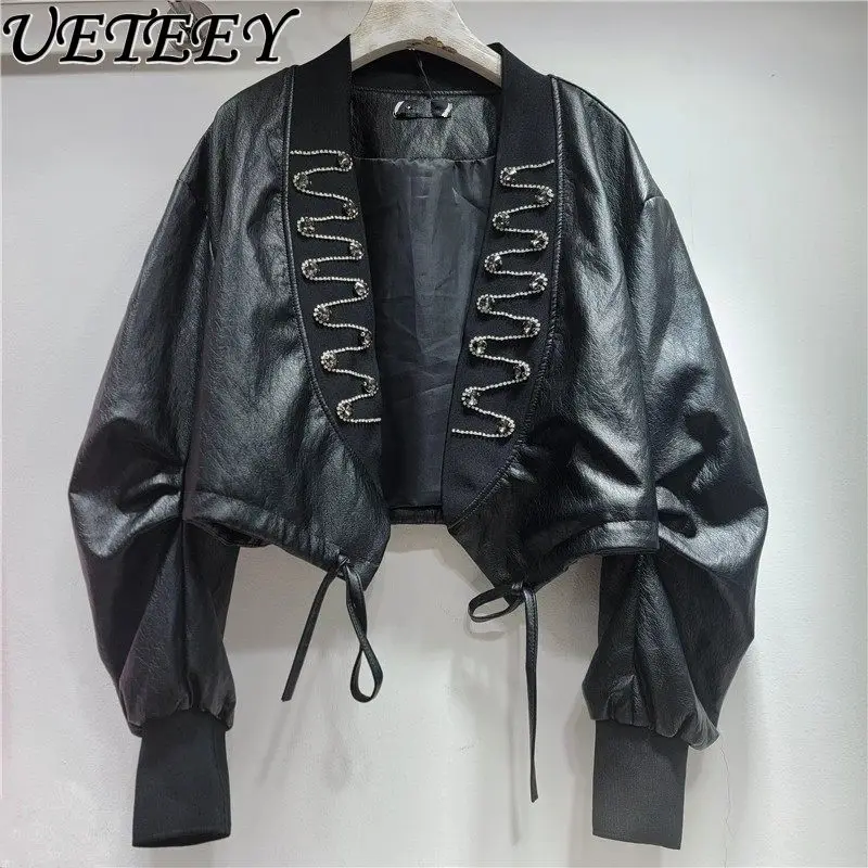 

Новая коричневая короткая куртка из искусственной кожи для женщин, свободная, с длинными рукавами, повседневная, в стиле мотоциклетной куртки, весна 2026