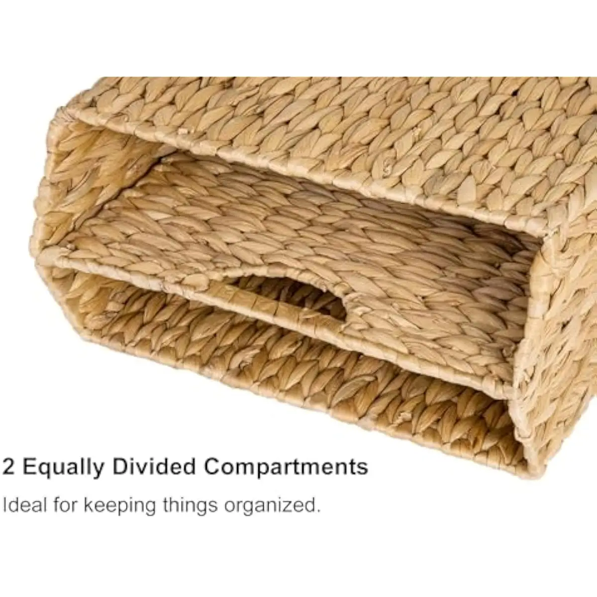 Handwoven natural water hyacinth storage basket with dual compartments and integrated carry handles for magazines books tablets