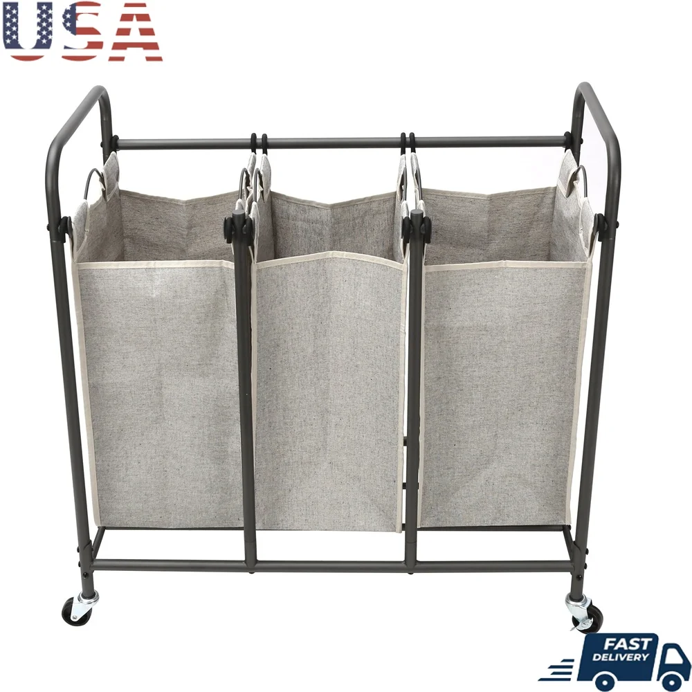 

3 Bag Laundry Sorter Rolling Cart with Durable Metal Frame Easy Assembly Adjustable Casters Sorting Clothes Storage