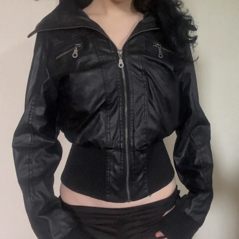American Retro Tooling Zipper Leather Jacket Solid Color Slim-fit Women's Top
