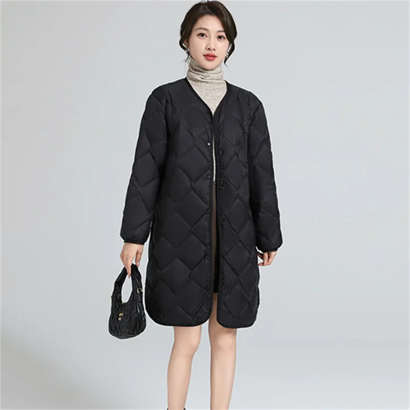 Malha rômbica quente leve fina branca de pato para baixo jaqueta feminina, longo puffer parkas, casaco gola V, grande tamanho feminino outwears, inverno