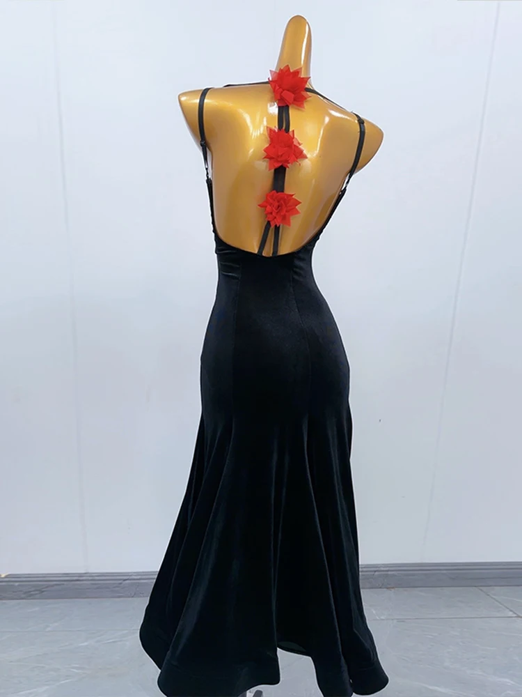 블랙 볼룸 댄스 드레스 여성 현대 표준 댄스 공연 복장 왈츠 경연 대회 옷 민소매 롱 드레스 2473