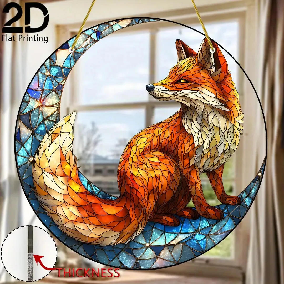 Acrylic Painting Charming Red Fox Sitting on Blue Crescent Moon Stained Glass Style Round Wall Decor, 2D Flat Printing Fantasy W