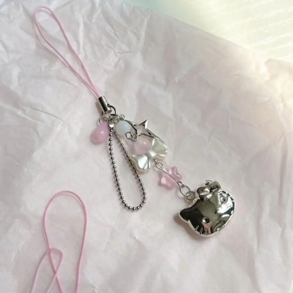 Cat Cell Phone Rope Chain Pink Anime Pendant Beads Chain Handmade Beads Strand Choker DIY Key Chain Phone Charm Key Chain