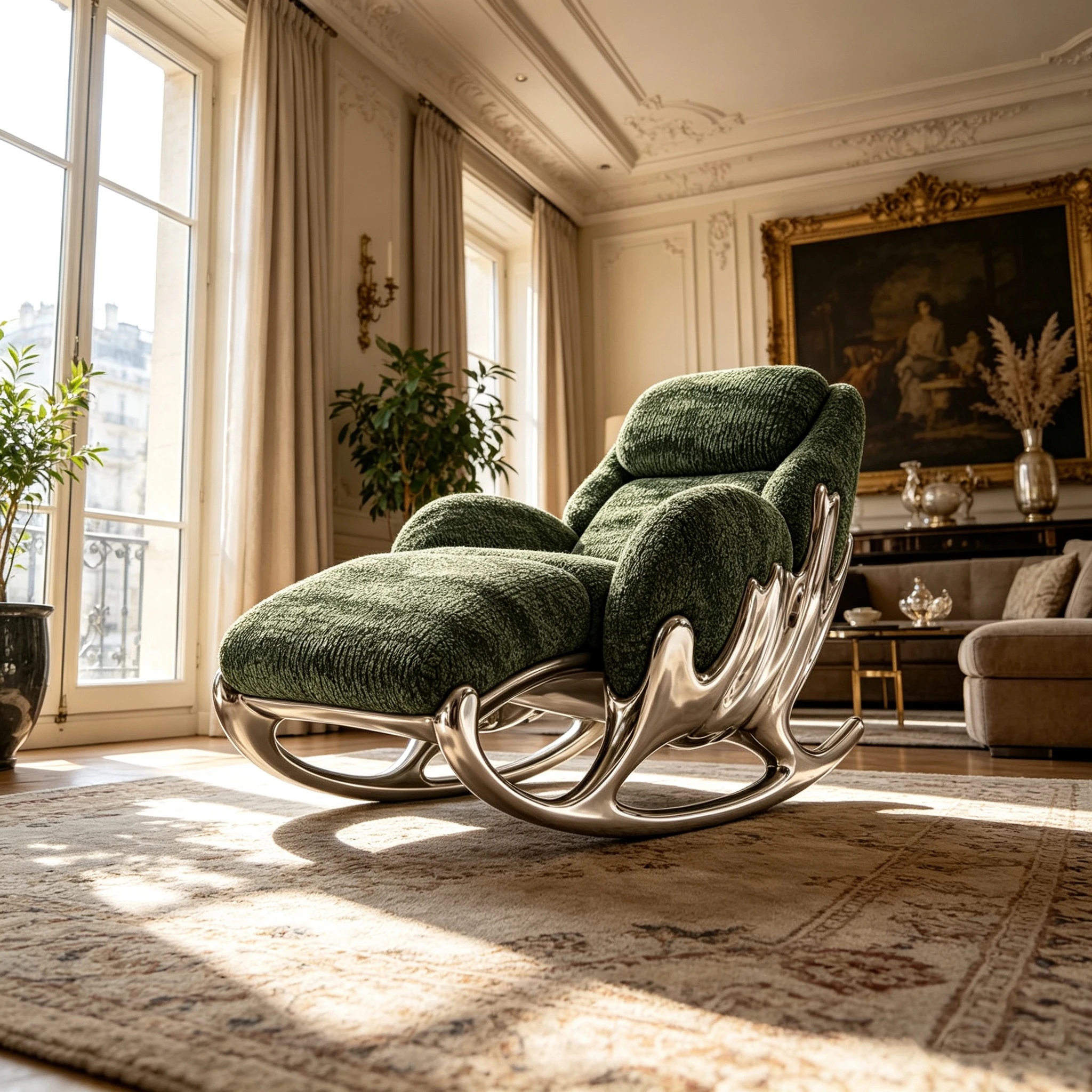 A*-Emerald Green Plush Upholstered Rocking Leisure Chair Sculpted Silver Fiberglass Curved Base