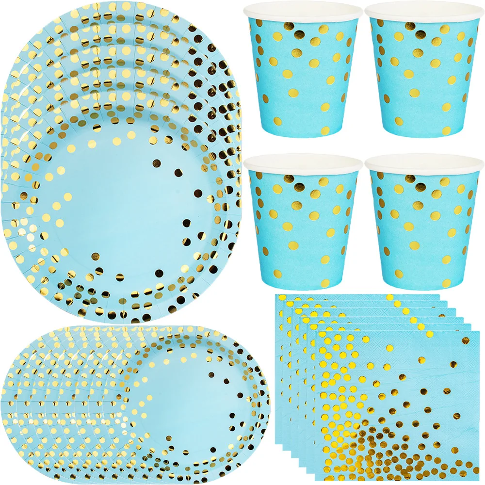 Blue Disposable gold dot paper Plate hot gold round dot paper cup for birthday party tableware cake paper party decoration Set