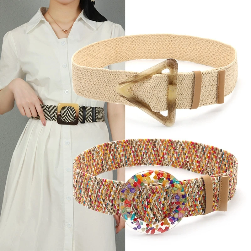 Braided Women\'s Belt Vintage Wide Bohemian Belts Designer Colorful Buckle Shell Decorative Women Pp Straw Waist Belt F3MD