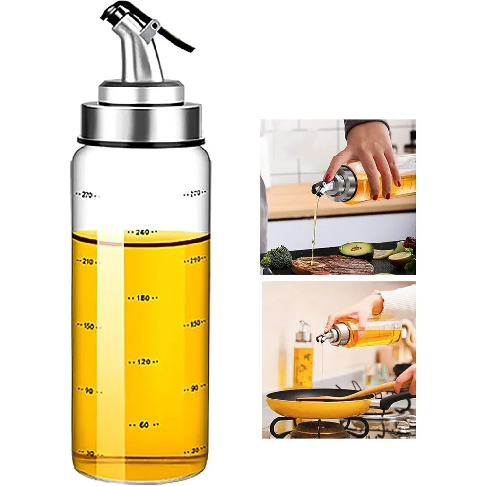 Olive Oil Dispenser, Liquid Condiment Container, 10 Oz Vinegar Dispenser with Drip Proof Cap, Graduated Kitchen Glass Oil Jug