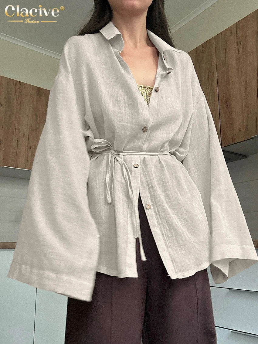 

Clacive Fashion Loose Khaki Women's Blouse 2025 Elegant Lapel Long Sleeve Shirt Elegant Classic Solid Top Female Clothing